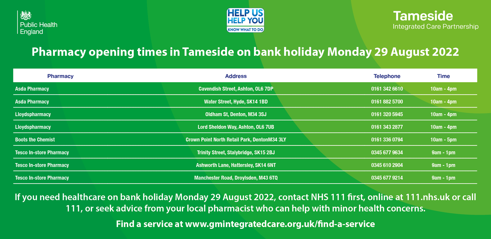 pharmacy opening times in Tameside August bank holiday 2022
