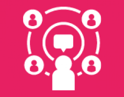 Logo white on pink of a group linked together