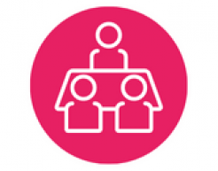 Pink circle with icons of three people sat at a desk