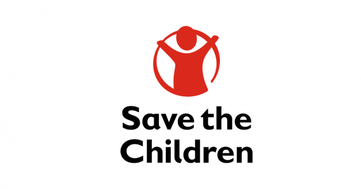 Save the Children logo, white background, red logo picture, black wording 
