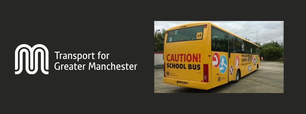 Transport for Greater Manchester logo and yellow school bus