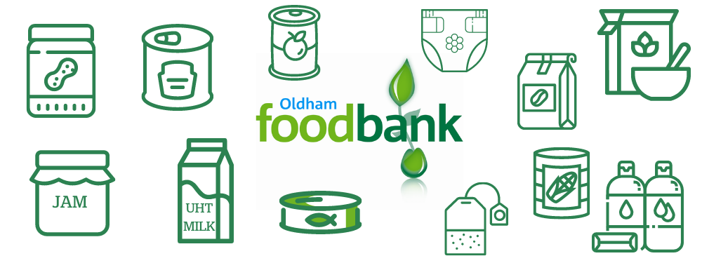 Oldham Foodbank logo - suggested items to donate - jam, nappies, tinned fruit, tinned fish