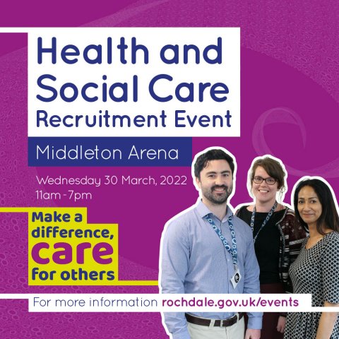 Health and Social Care Recruitment Event poster, Purple with three people stood