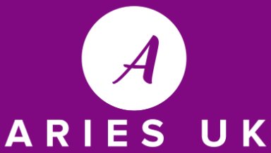 Aries UK LGBT+ Charity logo white text on purple background