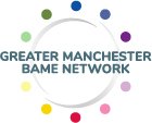 Greater Manchester BAME Network logo - white background, colourful spots around a circle 
