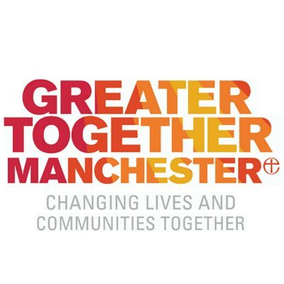 Greater Manchester Together logo, red and orange and white wording