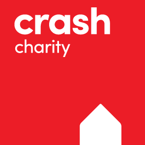 Red logo with crash charity in white text