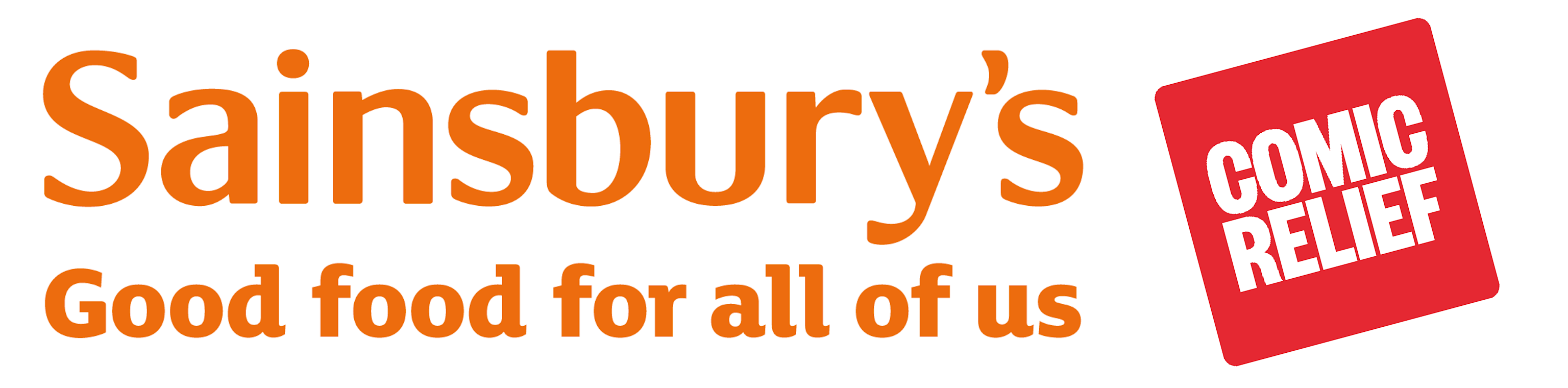 Sainsbury's Good food for all of us in orange text next to red square with comic relief in bold white writing.