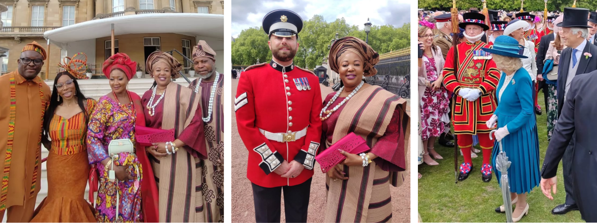 Compilation of images of Caring and Sharing members at Buckingham Palace garden party with Queen and guards