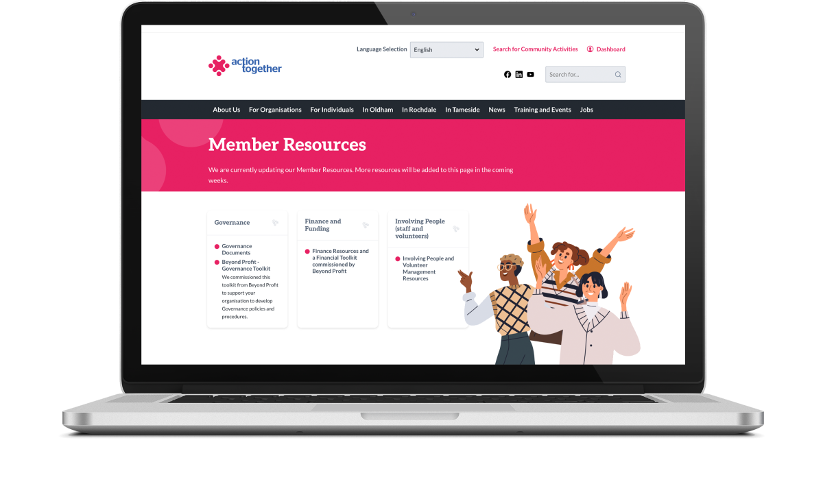 Image of a laptop showing Action Together Members Resources web page