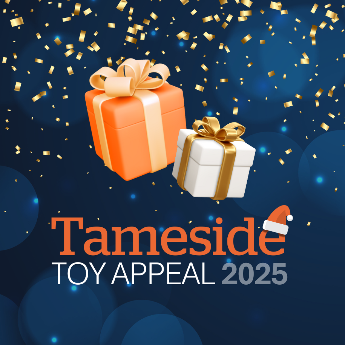 graphic of two gifts wrapped with bows on a blue and gold glitter background with the wording Tameside Toy Appeal 2025