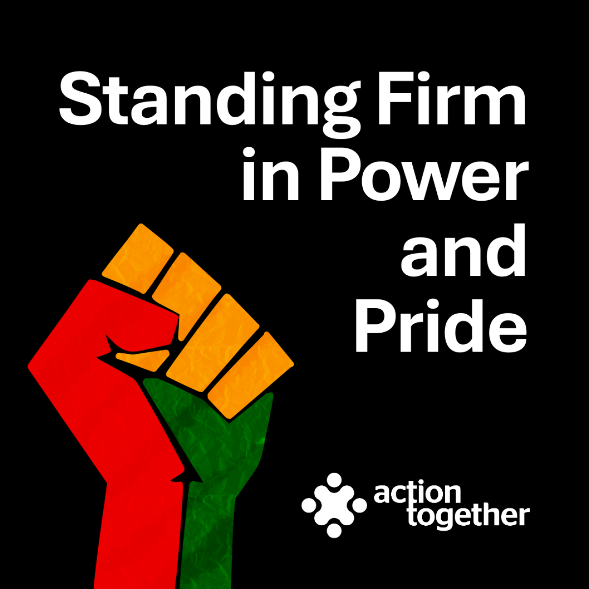 Image of tricolour raised fist with the wording 'Standing Firm in Power and Pride'
