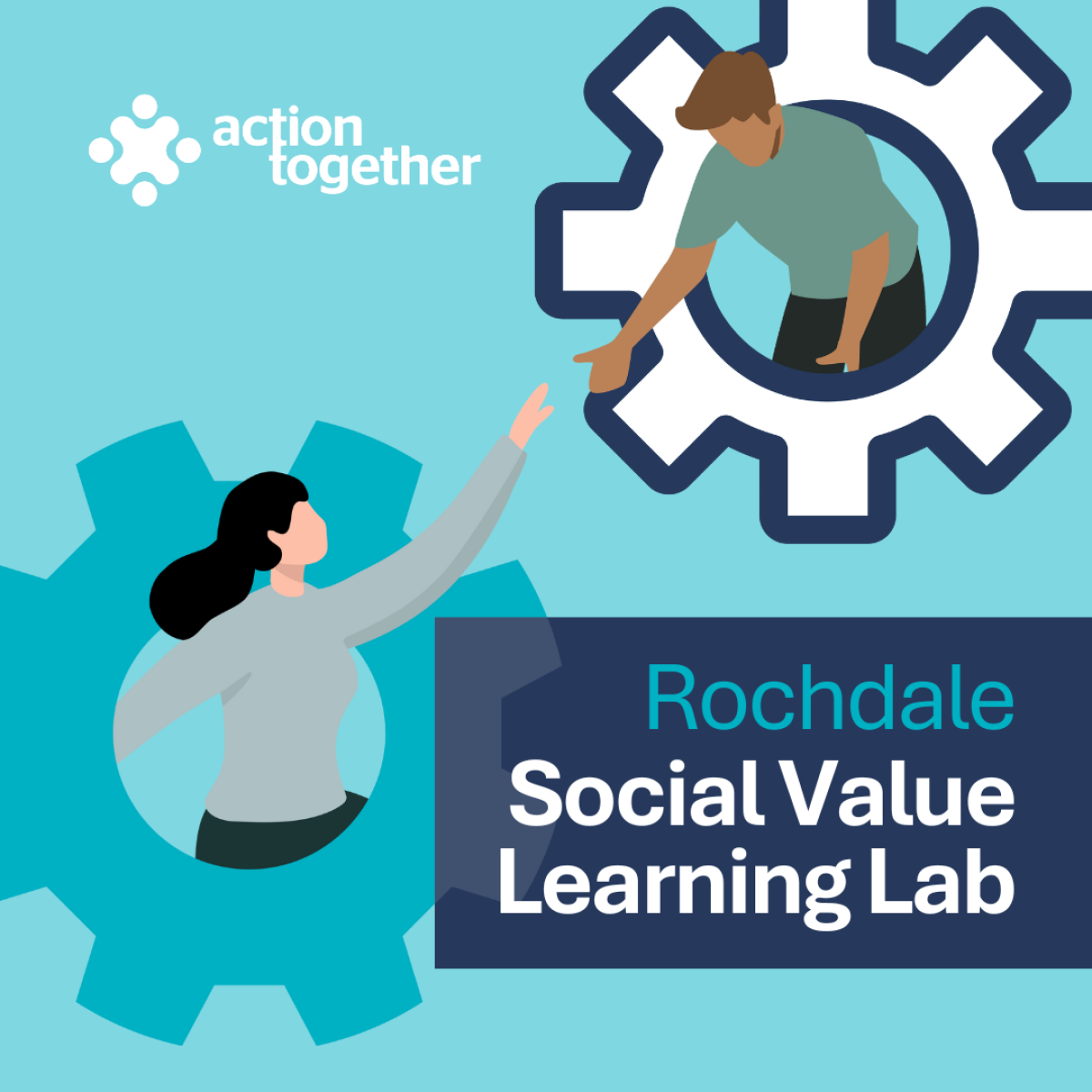 Rochdale Social Value Learning Lab logo showing graphic of people inside cogs reaching to support each other