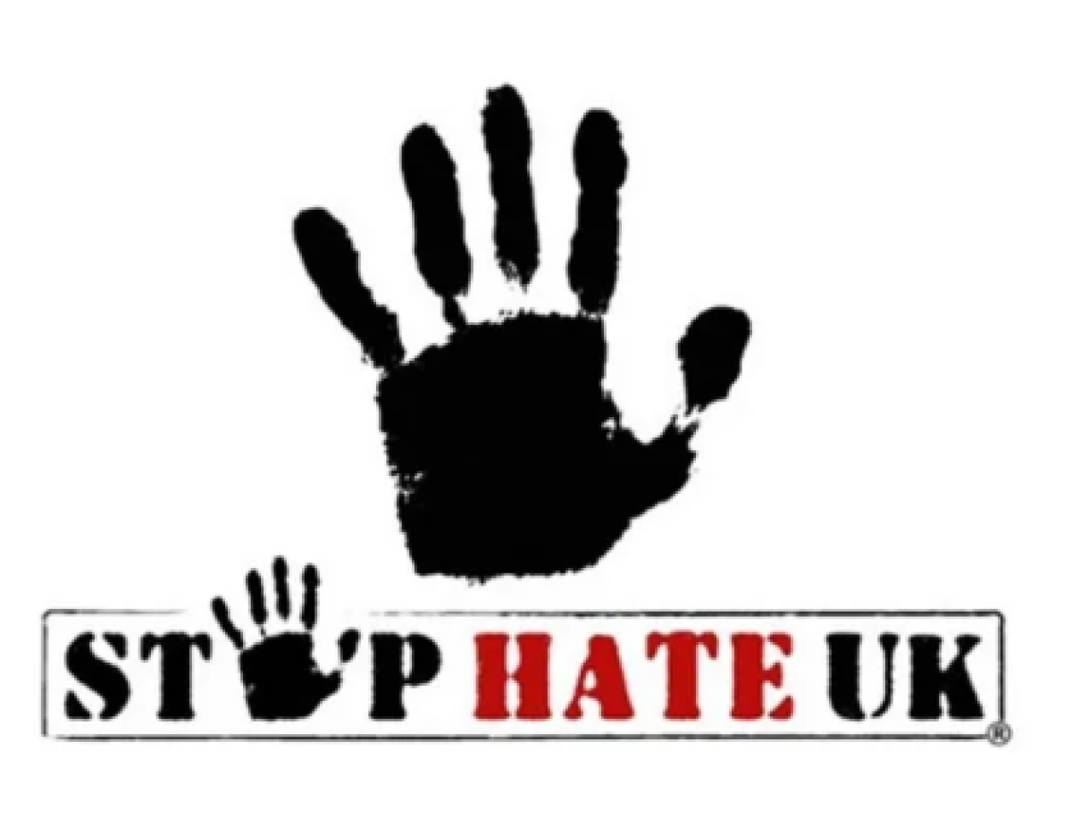 Black handprint with Stop Hate UK in text