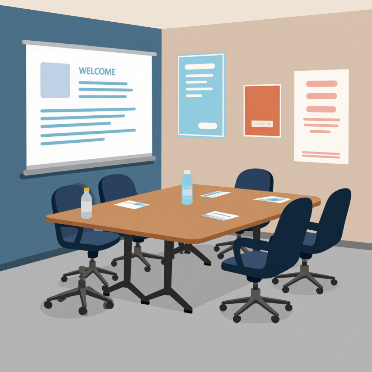 Graphic of chairs around a table and a board