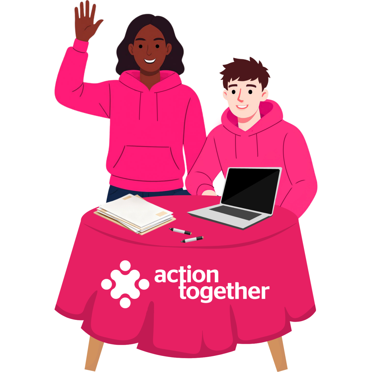 two people on an action together stall