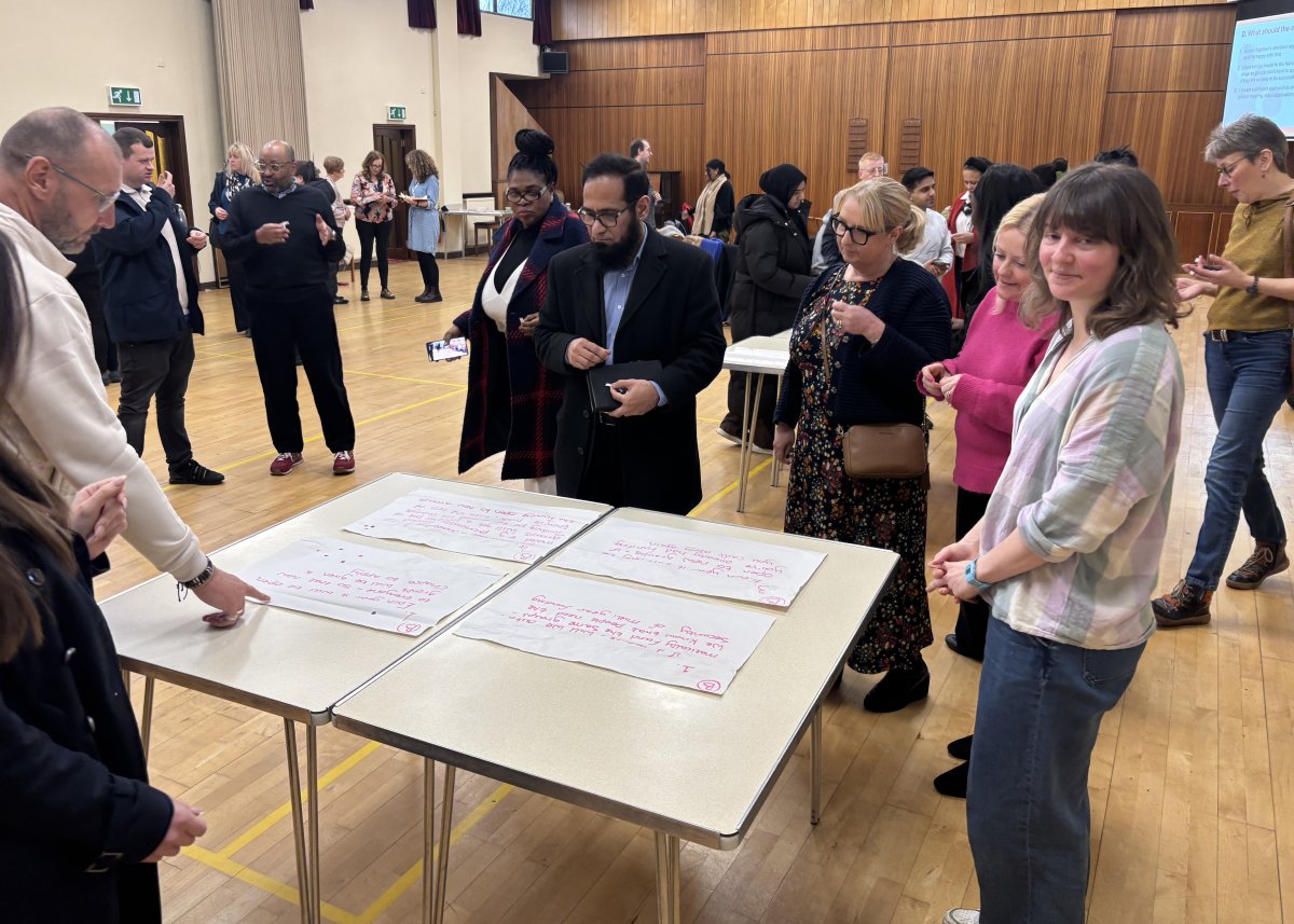 Photo of people gathered round a table with collaborative notes at Rochdale Live Well Summit