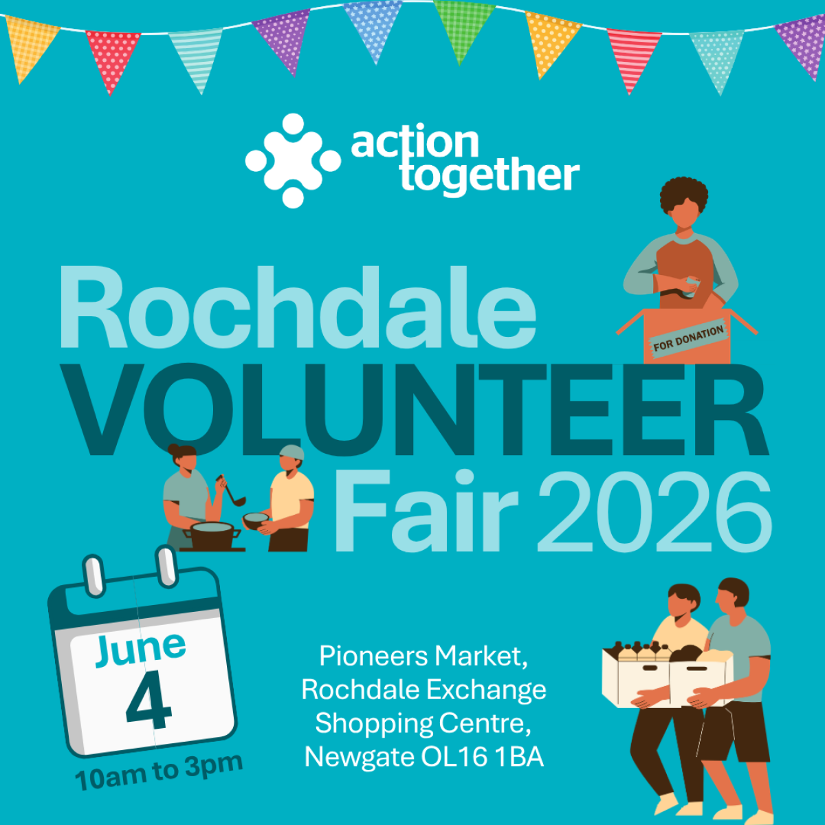 Graphic showing illustrations  of people volunteering and the words Rochdale Volunteer Fair 2026