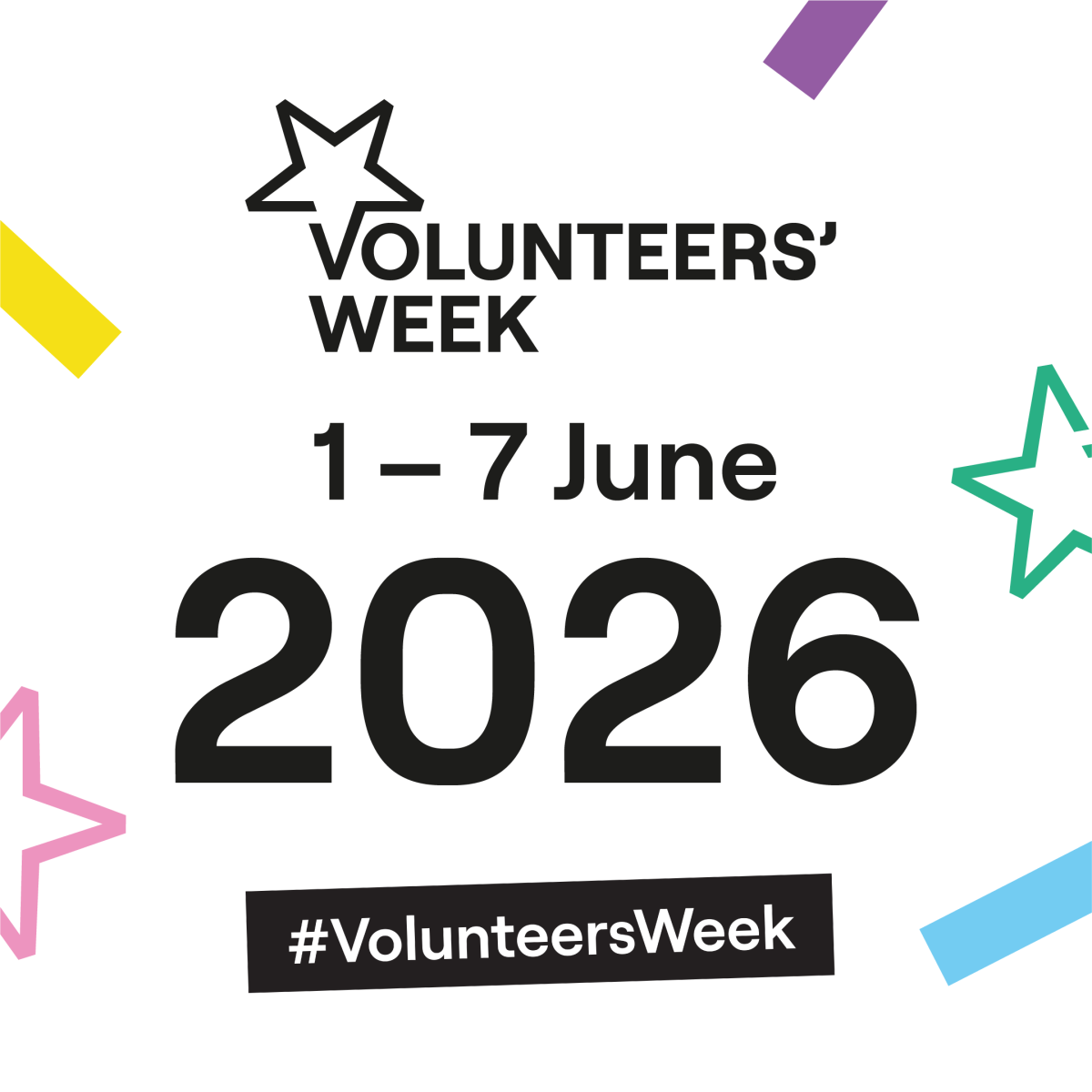 Volunteers' Week 2026 graphic featuring logo, stars and dates