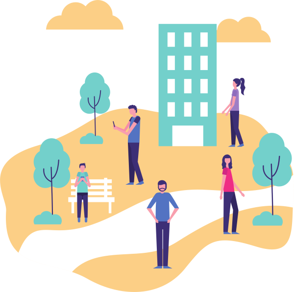 Illustration of people in community park with building and trees