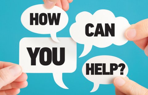 +wording how can you help in separate speech bubbles in white, blue background 