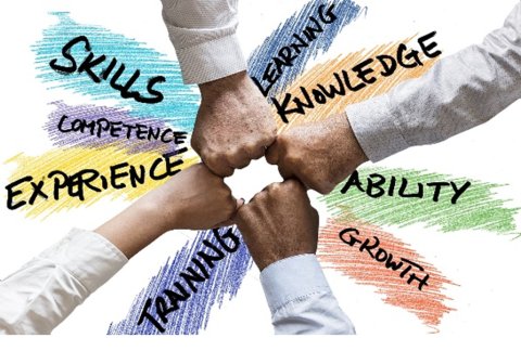 4 hands creating a circle. TEXT: Skills, Confidence, Experience, Training, Growth, Ability, Knowledge, Learning